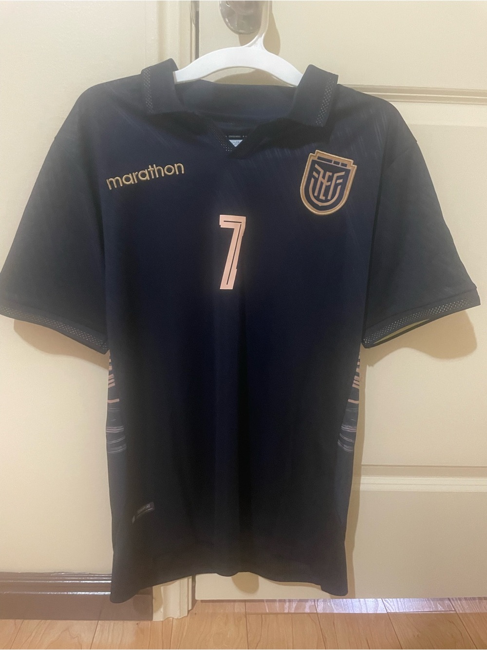 Ecuador Marathon Navy Soccer Jersey with Gold Accents - Estupinan #7